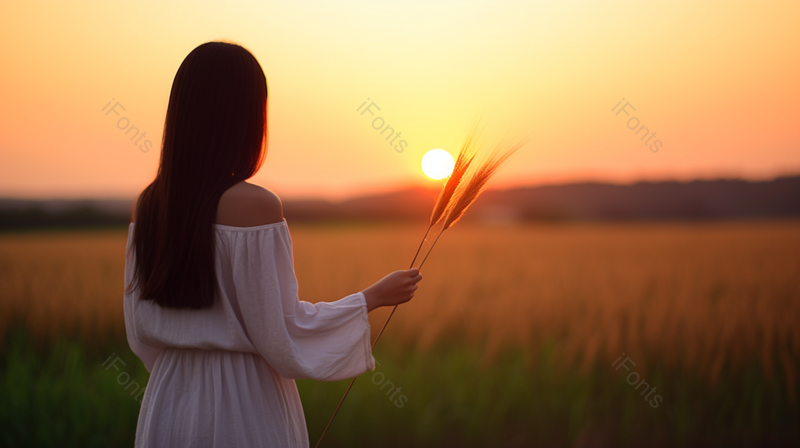 远景麦穗黄色夕阳女性背影,高清,摄影图,摄影图片,图片大全,摄影图免费下载
